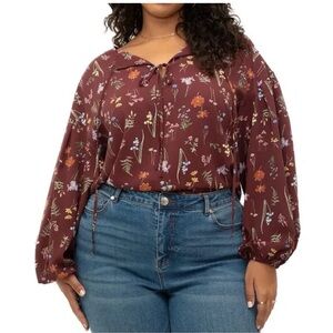Eloquii Elements Floral Long Sleeve Tie Top Size 14